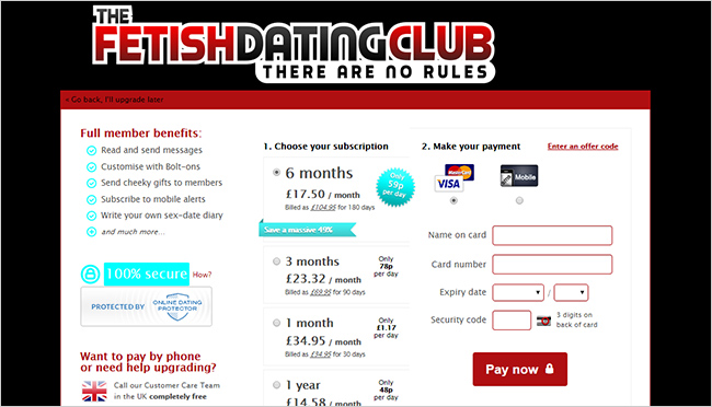 The Fetish Dating Club: a screenshot of membership options and prices