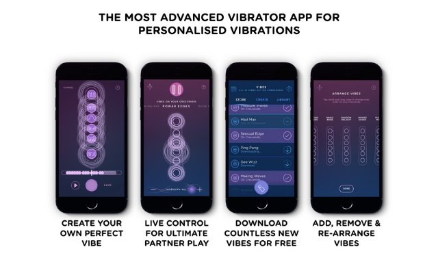 App screenshots of the MysteryVibe Crescendo smart vibrator