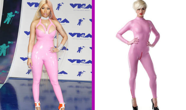 Nicki Minaj at the MTV Awards (left) and Zeta Pink Catsuit by Libidex (right).
