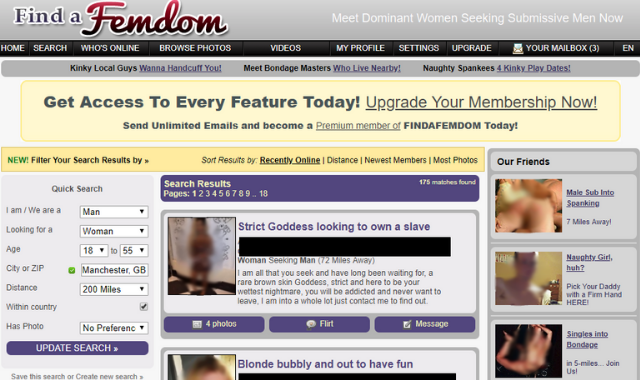 findafemdom review screenshot of inside the website