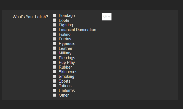 screenshot of the fetishmen list of fetishes