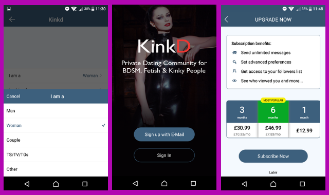 Screenshots of the Kinkd app