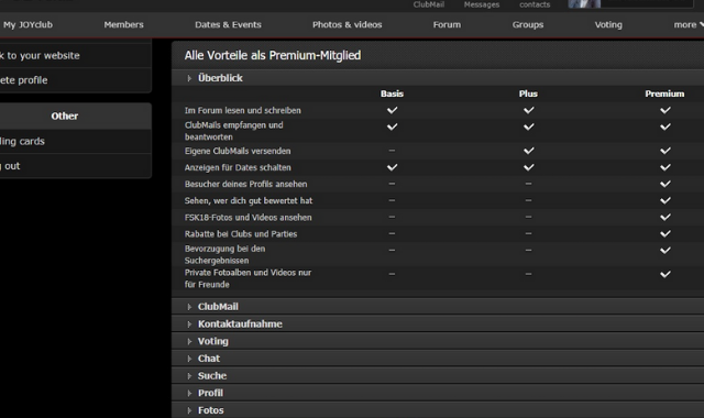 Screenshot of inside the Joyclub website