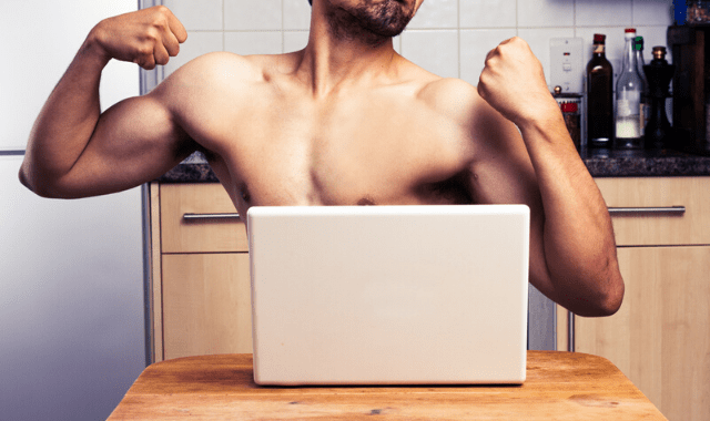 Online dating red flags, half-naked man in front of laptop