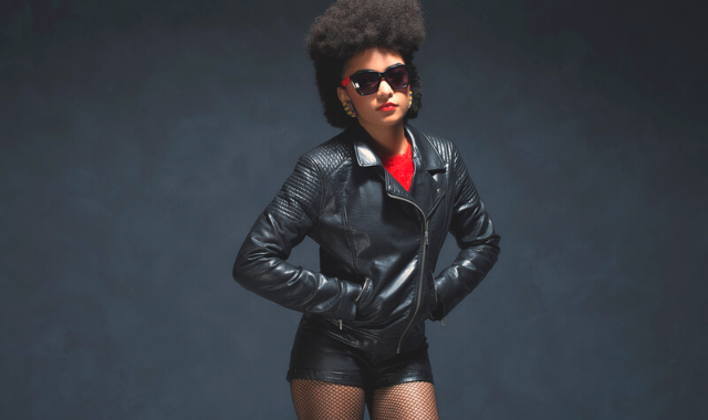 young woman wearing leather jacket